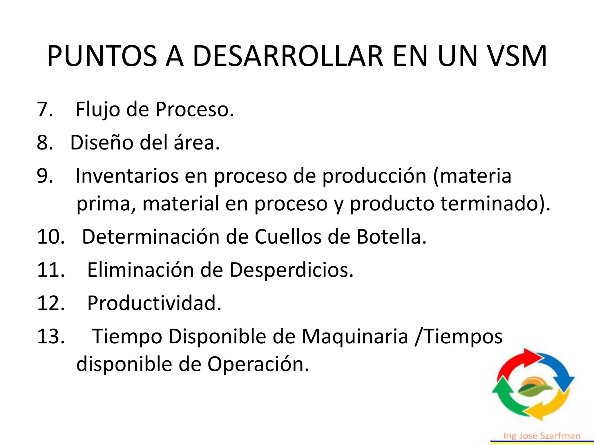 PUNTOS A DESARROLLAR EN UN VSM
7. Flujo de Proceso.
8. Diseño del área.
9. Inventarios en proceso de producción (materia
prima, material en proceso y producto terminado).
10. Determinación de Cuellos de Botella.
11. Eliminación de Desperdicios.
12. Productividad.
13. Tiempo Disponible de Maquinaria /Tiempos
disponible de Operación.
 