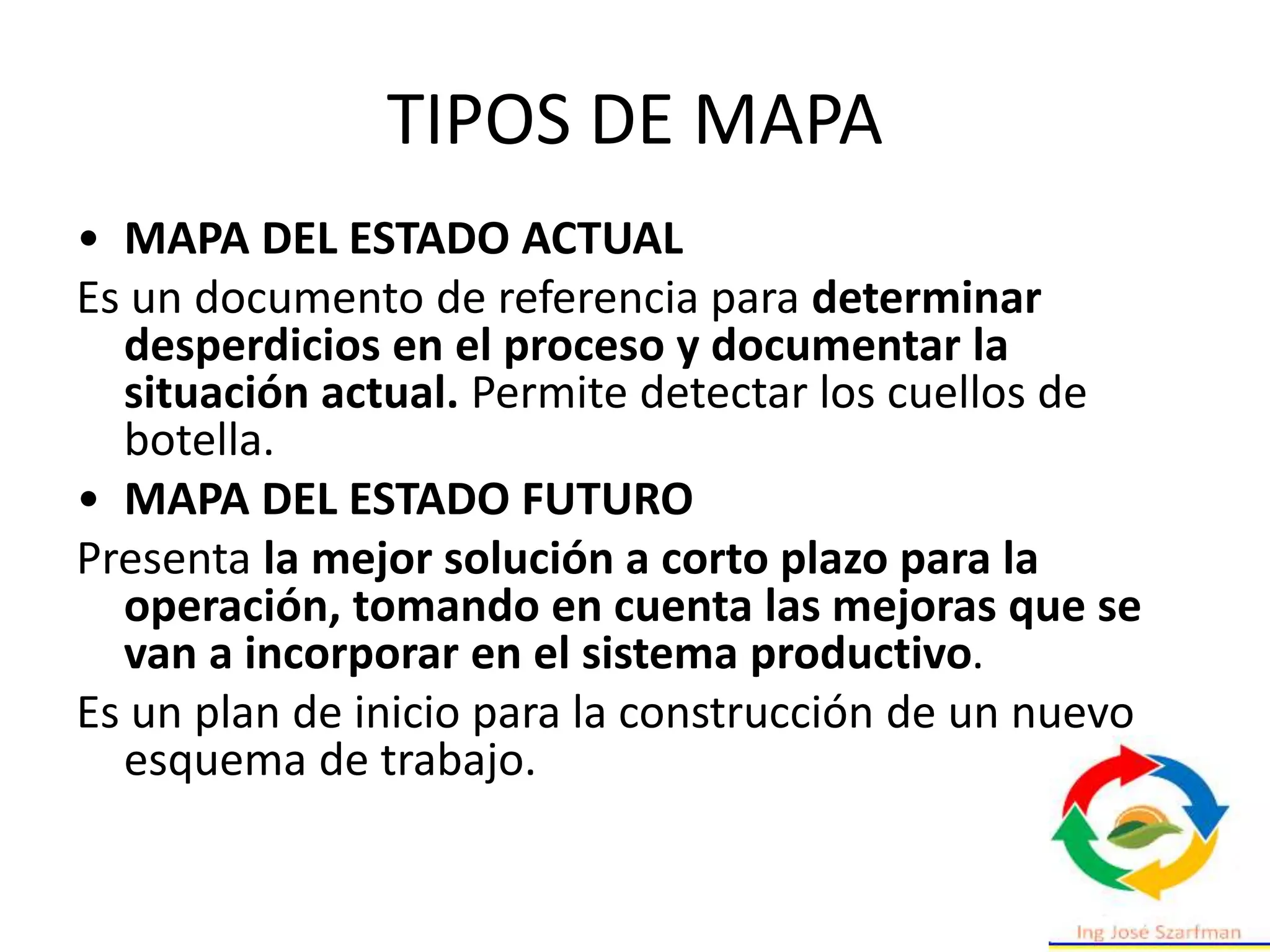 TIPOS DE MAPA
• MAPA DEL ESTADO ACTUAL
Es un documento de referencia para determinar
desperdicios en el proceso y documentar la
situación actual. Permite detectar los cuellos de
botella.
• MAPA DEL ESTADO FUTURO
Presenta la mejor solución a corto plazo para la
operación, tomando en cuenta las mejoras que se
van a incorporar en el sistema productivo.
Es un plan de inicio para la construcción de un nuevo
esquema de trabajo.
 