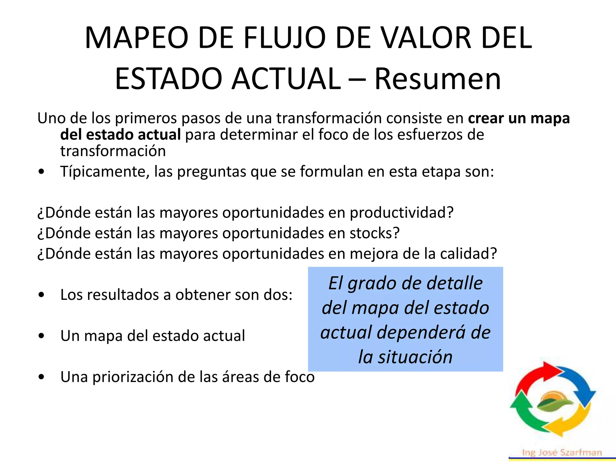 MAPEO DE FLUJO DE VALOR DEL
ESTADO ACTUAL – Resumen
Uno de los primeros pasos de una transformación consiste en crear un mapa
del estado actual para determinar el foco de los esfuerzos de
transformación
• Típicamente, las preguntas que se formulan en esta etapa son:
¿Dónde están las mayores oportunidades en productividad?
¿Dónde están las mayores oportunidades en stocks?
¿Dónde están las mayores oportunidades en mejora de la calidad?
• Los resultados a obtener son dos:
• Un mapa del estado actual
• Una priorización de las áreas de foco
El grado de detalle
del mapa del estado
actual dependerá de
la situación
 