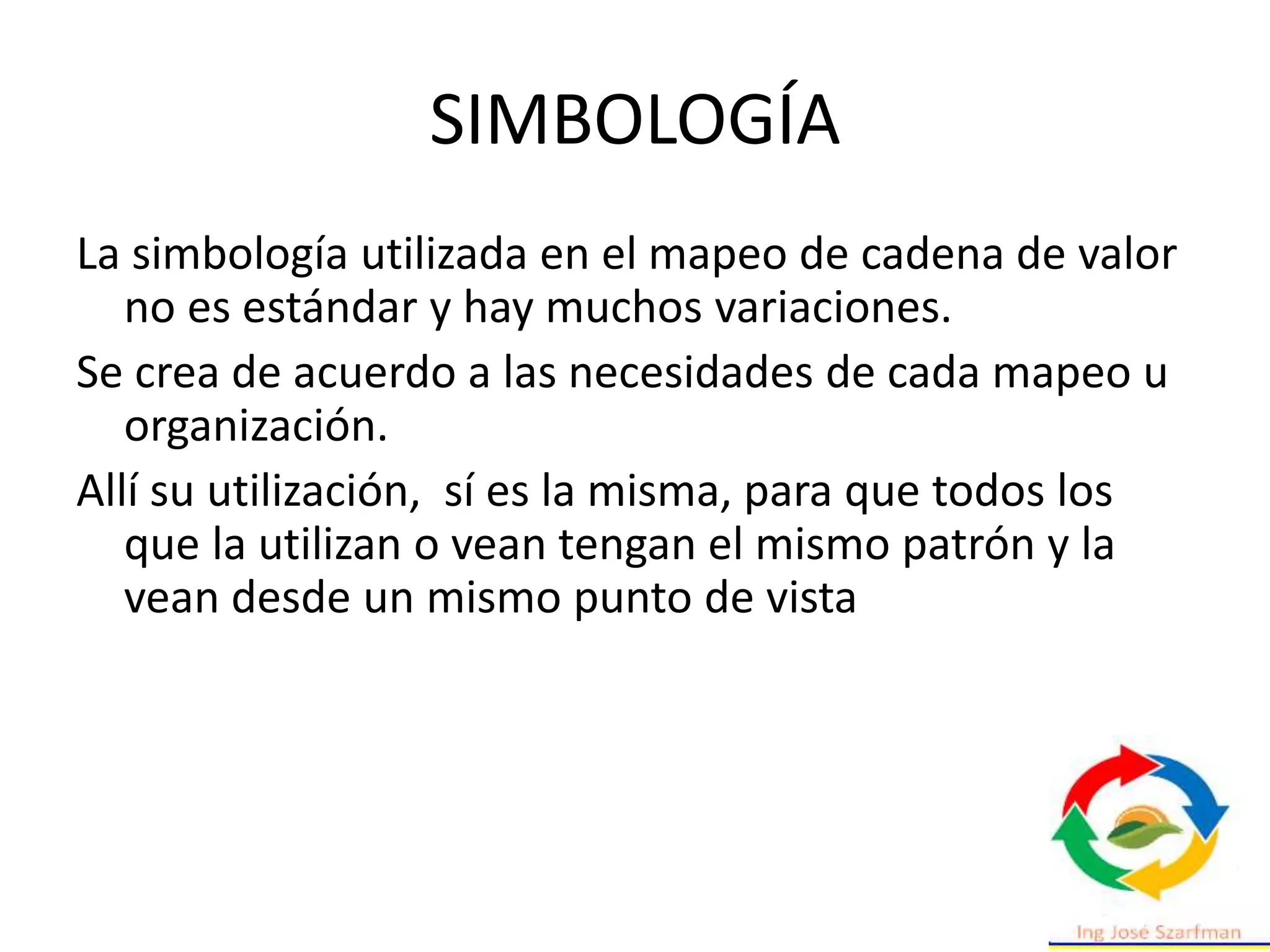 SIMBOLOGÍA
La simbología utilizada en el mapeo de cadena de valor
no es estándar y hay muchos variaciones.
Se crea de acuerdo a las necesidades de cada mapeo u
organización.
Allí su utilización, sí es la misma, para que todos los
que la utilizan o vean tengan el mismo patrón y la
vean desde un mismo punto de vista
 