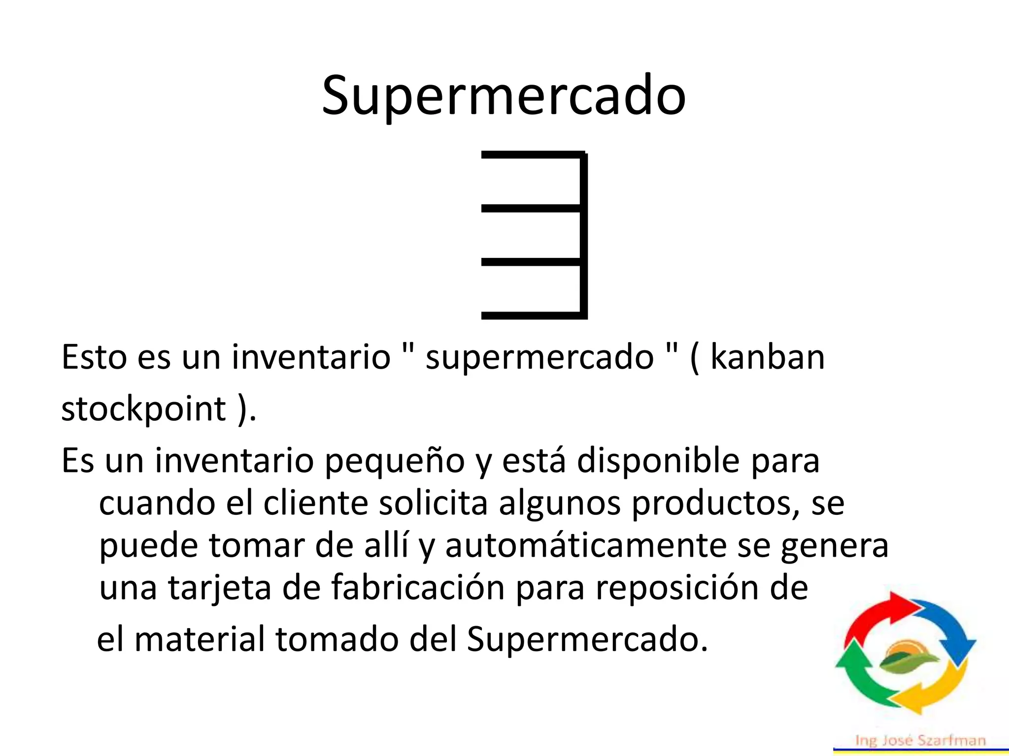 Supermercado
Esto es un inventario " supermercado " ( kanban
stockpoint ).
Es un inventario pequeño y está disponible para
cuando el cliente solicita algunos productos, se
puede tomar de allí y automáticamente se genera
una tarjeta de fabricación para reposición de
el material tomado del Supermercado.
 