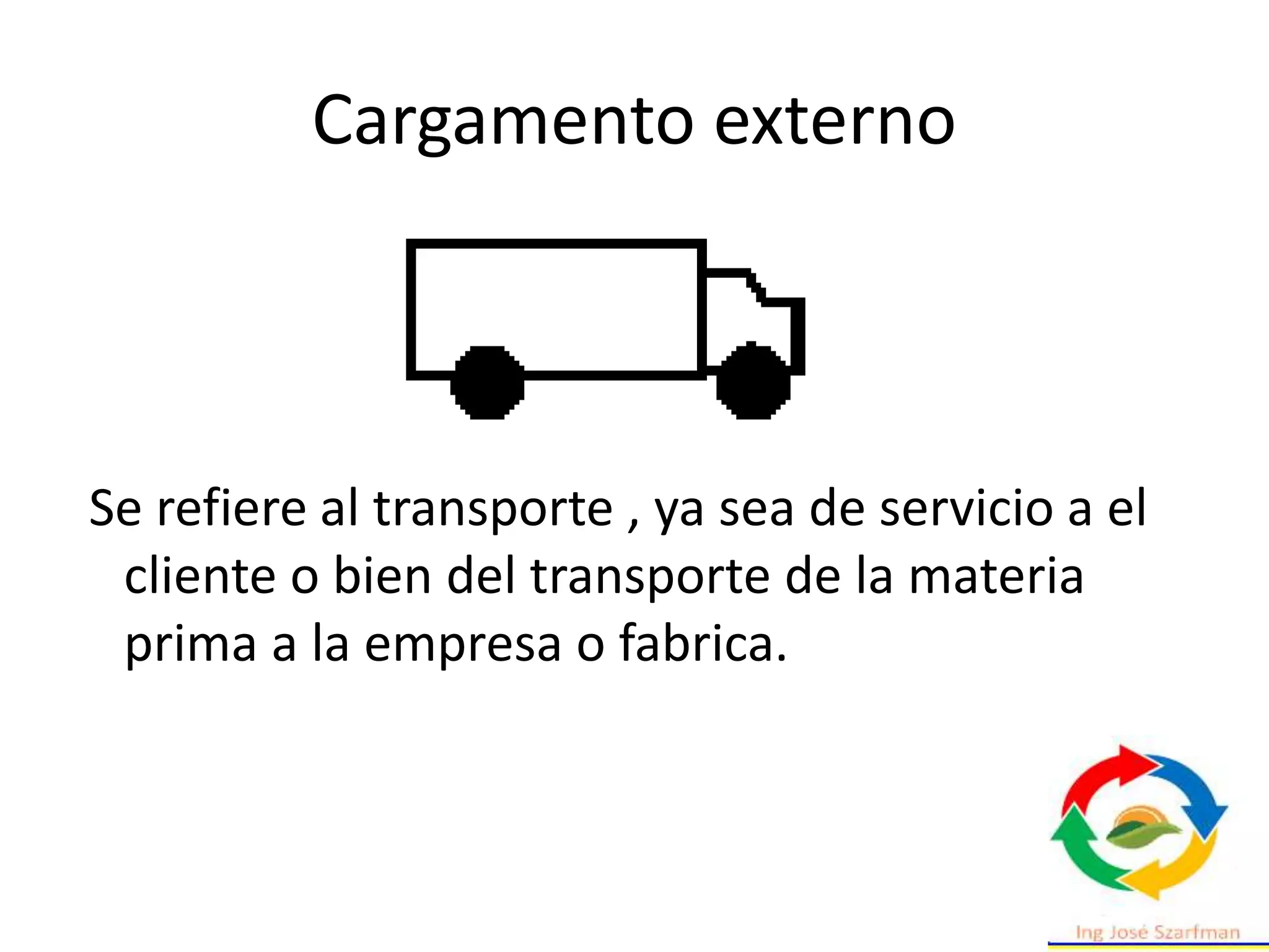 Cargamento externo
Se refiere al transporte , ya sea de servicio a el
cliente o bien del transporte de la materia
prima a la empresa o fabrica.
 