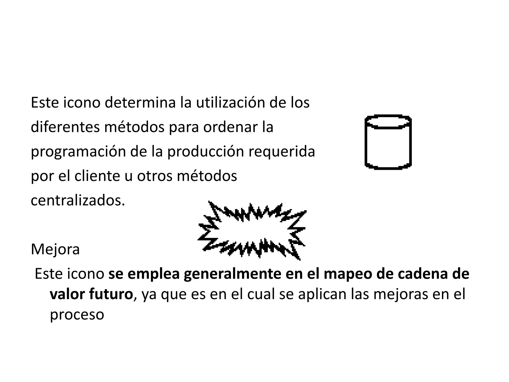 Este icono determina la utilización de los
diferentes métodos para ordenar la
programación de la producción requerida
por el cliente u otros métodos
centralizados.
Mejora
Este icono se emplea generalmente en el mapeo de cadena de
valor futuro, ya que es en el cual se aplican las mejoras en el
proceso
 
