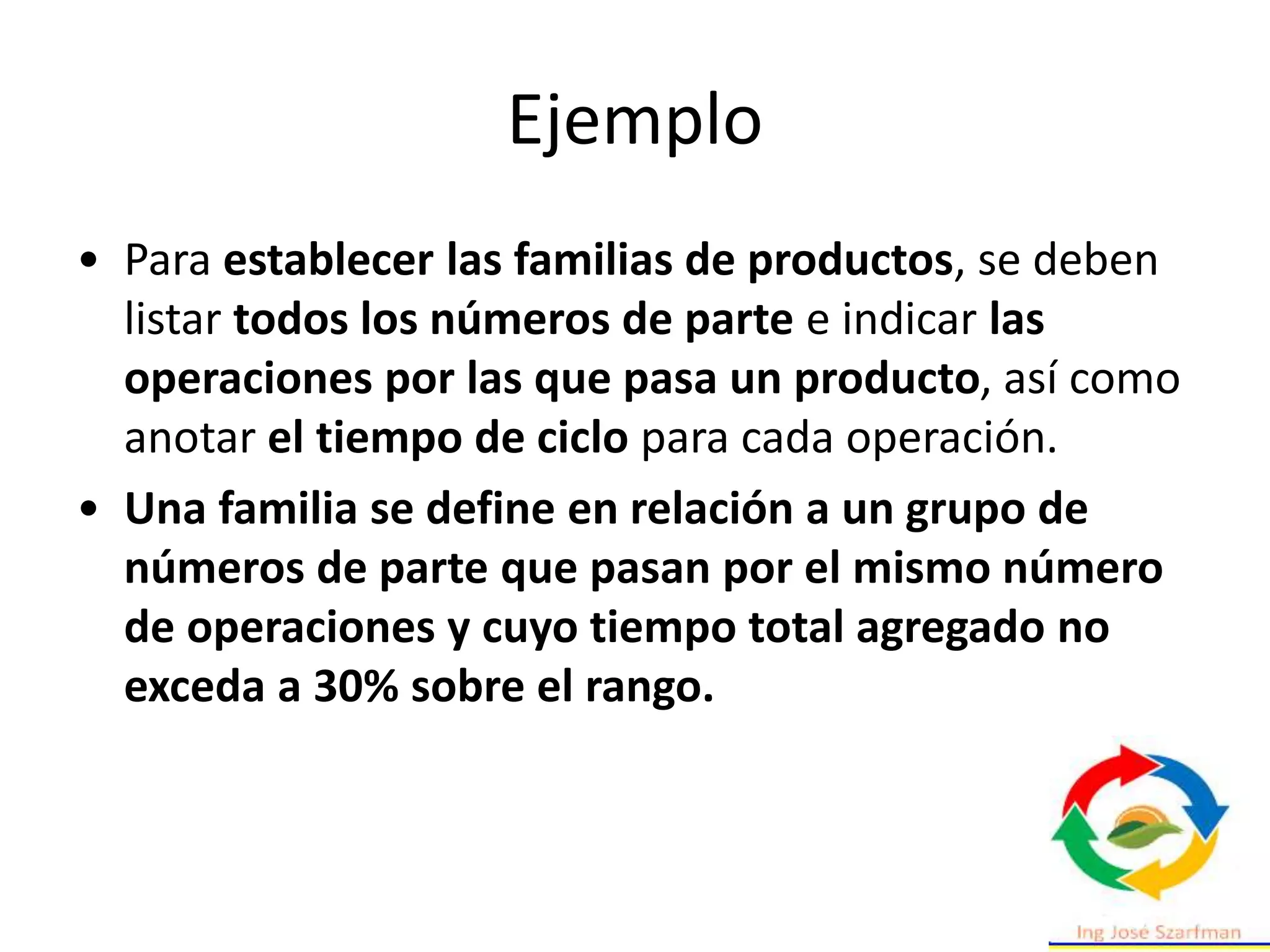 Ejemplo
• Para establecer las familias de productos, se deben
listar todos los números de parte e indicar las
operaciones por las que pasa un producto, así como
anotar el tiempo de ciclo para cada operación.
• Una familia se define en relación a un grupo de
números de parte que pasan por el mismo número
de operaciones y cuyo tiempo total agregado no
exceda a 30% sobre el rango.
 