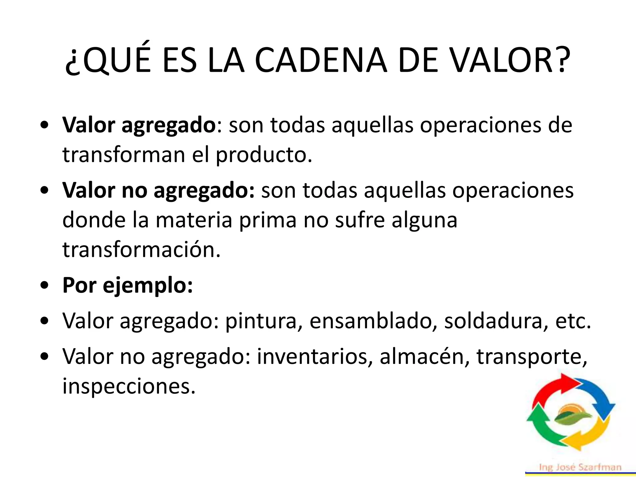 ¿QUÉ ES LA CADENA DE VALOR?
• Valor agregado: son todas aquellas operaciones de
transforman el producto.
• Valor no agregado: son todas aquellas operaciones
donde la materia prima no sufre alguna
transformación.
• Por ejemplo:
• Valor agregado: pintura, ensamblado, soldadura, etc.
• Valor no agregado: inventarios, almacén, transporte,
inspecciones.
 