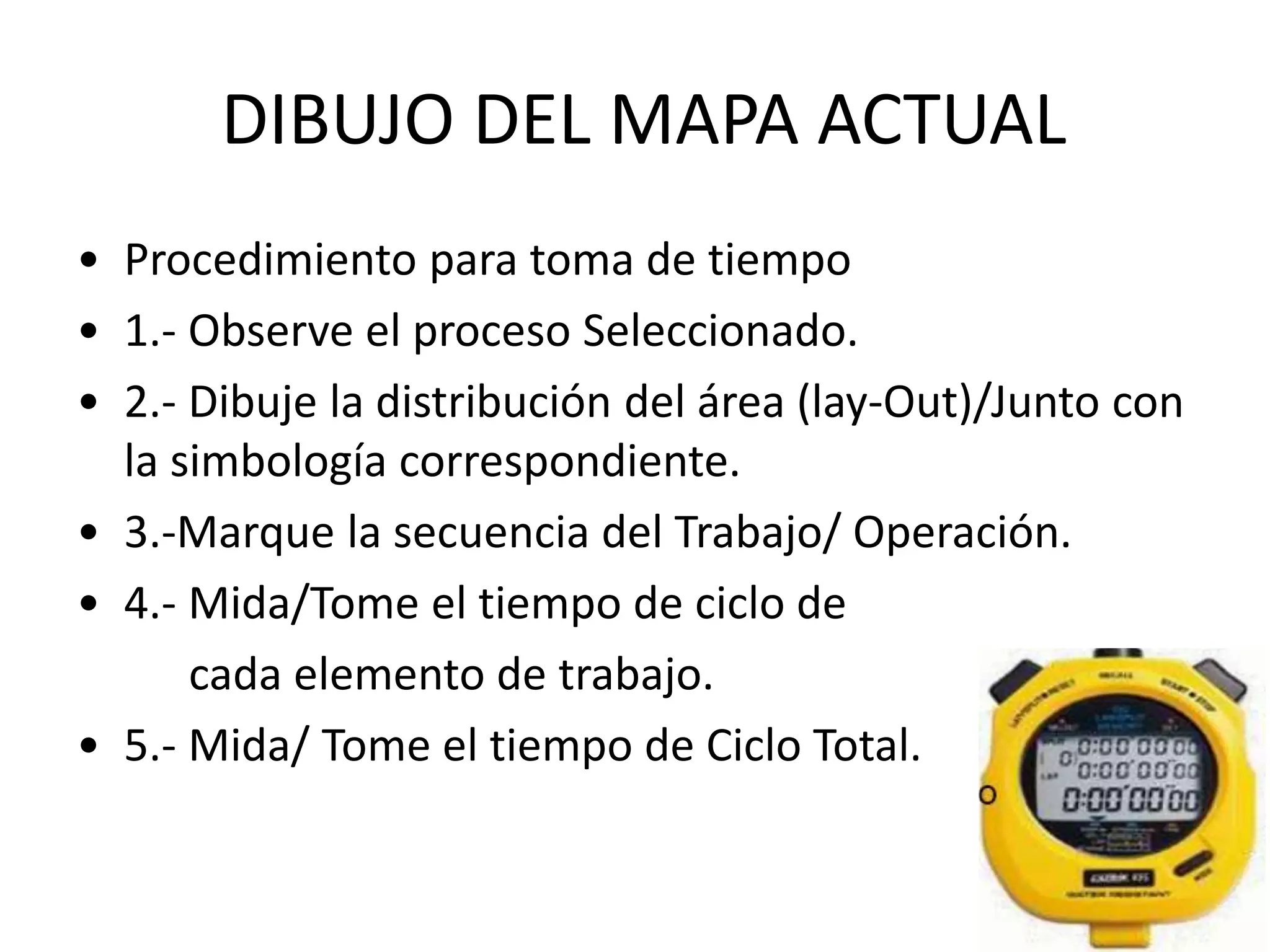 DIBUJO DEL MAPA ACTUAL
• Procedimiento para toma de tiempo
• 1.- Observe el proceso Seleccionado.
• 2.- Dibuje la distribución del área (lay-Out)/Junto con
la simbología correspondiente.
• 3.-Marque la secuencia del Trabajo/ Operación.
• 4.- Mida/Tome el tiempo de ciclo de
cada elemento de trabajo.
• 5.- Mida/ Tome el tiempo de Ciclo Total.
 