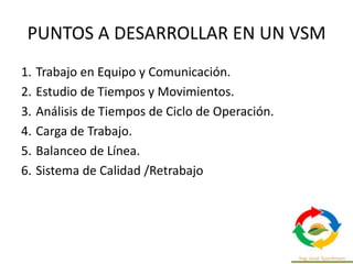 PUNTOS A DESARROLLAR EN UN VSM
1. Trabajo en Equipo y Comunicación.
2. Estudio de Tiempos y Movimientos.
3. Análisis de Tiempos de Ciclo de Operación.
4. Carga de Trabajo.
5. Balanceo de Línea.
6. Sistema de Calidad /Retrabajo
 