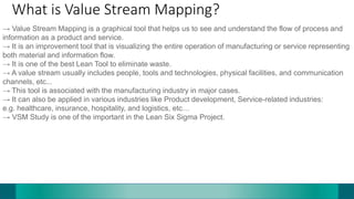 What is Value Stream Mapping?
→ Value Stream Mapping is a graphical tool that helps us to see and understand the flow of process and
information as a product and service.
→ It is an improvement tool that is visualizing the entire operation of manufacturing or service representing
both material and information flow.
→ It is one of the best Lean Tool to eliminate waste.
→ A value stream usually includes people, tools and technologies, physical facilities, and communication
channels, etc...
→ This tool is associated with the manufacturing industry in major cases.
→ It can also be applied in various industries like Product development, Service-related industries:
e.g. healthcare, insurance, hospitality, and logistics, etc…
→ VSM Study is one of the important in the Lean Six Sigma Project.
 