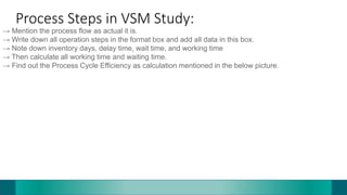 Process Steps in VSM Study:
→ Mention the process flow as actual it is.
→ Write down all operation steps in the format box and add all data in this box.
→ Note down inventory days, delay time, wait time, and working time
→ Then calculate all working time and waiting time.
→ Find out the Process Cycle Efficiency as calculation mentioned in the below picture.
 