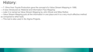 History:
→ T. Ohno from Toyota Production gave the concept of a Value Stream Mapping in 1988.
→ It was introduced as 'Material and Information Flow Mapping’.
→ Later it is named as Value Stream Mapping by John Shook and Mike Rother.
→ Value Stream Mapping puts all the information in one place and it is a very much effective method
as compared to other tools.
→ This tool is also used in Six Sigma Projects.
 