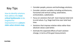 How to identify solutions
that address the most
critical bottlenecks to be
targeted for
improvement in a future-
state value stream map.
Key Tips • Consider people, process and technology solutions.
• Consider solution variables including architectures,
horizontal and vertical scaling, automation,
orchestration, substitution.
• Focus on solutions that will most improve total end-
to-end values. E.g. Stage lead time over total lead
time
• Solutions that improve relative ratios rather than
absolute values scale better.
• Estimate the expected effects of each solution
change, in terms of the goal measurement.
 