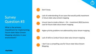 What is the primary
impediment for implementing
future-state Value Stream
Mapping solutions in your
environment?
Survey
Question #3
Don’t know.A
Lack of understanding of use cases that would justify investment
in future state value stream mapping
B
Unsure how to create a Return – On – Investment (ROI) business
case for future state value stream mapping
C
Higher priority problems not addressed by value stream mapping.D
Lack of skills to conduct future state value stream mappingE
I don’t see a compelling case for future state Value Stream
Mapping.
F
 