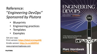 Reference:
“Engineering DevOps”
Sponsored by Plutora
Get your copy:
Print version: https://lnkd.in/eJepsHQ
Kindle version: http://a.co/dADFhLl
www.engineeringdevops.com
• Blueprints
• Engineering practices
• Templates
• Examples
 