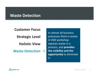 VSM	
  Workshop	
  -­‐ Slideshare 18
Waste	
  Detection
In	
  almost	
  all	
  business	
  
processes	
  there	
  is	
  waste.	
  
A	
  VSM	
  workshop	
  
exposes	
  waste	
  in	
  a	
  
process,	
  and	
  provides	
  
the	
  visibility	
  and	
  the	
  
opportunity	
  to	
  eliminate	
  
it.
Customer	
  Focus
Strategic	
  Level
Holistic	
  View
Waste	
  Detection
Metrics
 