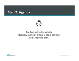 VSM	
  Workshop	
  -­‐ Slideshare 28
Step	
  2:	
  Agenda
Produce	
  a	
  detailed	
  agenda	
  
(typically	
  over	
  2	
  or	
  3	
  days,	
  8	
  hours	
  per	
  day)	
  
and	
  a	
  logistical	
  plan.
 