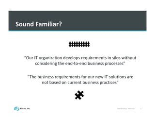 VSM	
  Workshop	
  -­‐ Slideshare 3
Sound	
  Familiar?	
  
“Our	
  IT	
  organization	
  develops	
  requirements	
  in	
  silos	
  without	
  
considering	
  the	
  end-­‐to-­‐end	
  business	
  processes”
“The	
  business	
  requirements	
  for	
  our	
  new	
  IT	
  solutions	
  are	
  
not	
  based	
  on	
  current	
  business	
  practices”
 