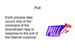 Pull Each process step occurs only at the command of the downstream step in response to the pull of the internal customer. 