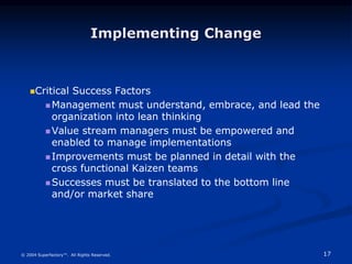 17
© 2004 Superfactory™. All Rights Reserved.
Implementing Change
Critical Success Factors
 Management must understand, embrace, and lead the
organization into lean thinking
 Value stream managers must be empowered and
enabled to manage implementations
 Improvements must be planned in detail with the
cross functional Kaizen teams
 Successes must be translated to the bottom line
and/or market share
 