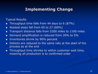 19
© 2004 Superfactory™. All Rights Reserved.
Implementing Change
Typical Results
 Throughput time falls from 44 days to 6 (87%)
 Wasted steps fall from 65 to 27 (60%)
 Transport distance falls from 5300 miles to 1100 miles
 Demand amplification is reduced from 20% to 5%
 Inventories shrink by 90% percent
 Defects are reduced to the same rate at the start of the
process as at the end
 Throughput time shrinks to within customer wait time,
meaning all production is to confirmed order
 