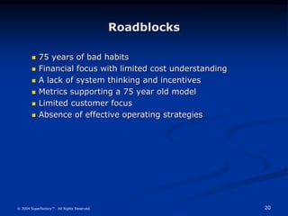 20
© 2004 Superfactory™. All Rights Reserved.
Roadblocks
 75 years of bad habits
 Financial focus with limited cost understanding
 A lack of system thinking and incentives
 Metrics supporting a 75 year old model
 Limited customer focus
 Absence of effective operating strategies
 