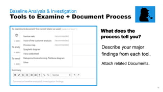 18
Baseline Analysis & Investigation
Methods / Tools
Examine & Document
Baseline Process
Benchmark
To Peers
Analyze Data
 