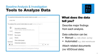 19
Baseline Analysis & Investigation
Tools to Examine + Document Process
What does the
process tell you?
Describe your major
findings from each tool.
Attach related Documents.
 