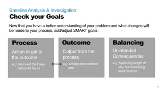 22
Baseline Analysis & Investigation
Summary
ROOT CAUSE
What did you learn?
Synthesize the information you’ve collected to target & prioritize opportunities for
improvement.
One method to identify the root cause is to ask ‘why’ 5 times. The reason a
problem exists usually goes deeper; keep going until you feel comfortable
you’ve identified the real reason(s).
 