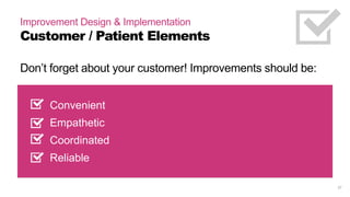 27
Improvement Design & Implementation
Changes to Process / Workflow
Provide information in the value summary such that others can
understand and potentially replicate.
What are your process change(s), Who (role) is accountable, and
When / Where is it happening in the process?
What major findings does the improvement design address?
 