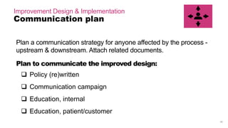 28
Improvement Design & Implementation
Customer / Patient Elements
Convenient
Empathetic
Coordinated
Reliable
Don’t forget about your customer! Improvements should be:
 