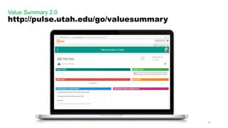 34
Monitor & Impact
Measure Elements
Numerator & Denominator
Local
Meaningful
Transparent
Providing results to individuals can engage team members in their
ability to contribute to the improvement. This is often done outside of
the Value Summary reporting & monitoring.
 