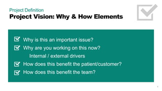Team Member Roles
8
are not only a great way to
identify individual roles
within a project, they are
also key to creating reliable
reporting of project work to
appropriate department
leaders.
 