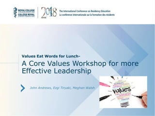 Values Eat Words for Lunch-
A Core Values Workshop for more
Effective Leadership
John Andrews, Ezgi Tiryaki, Meghan Walsh
 