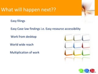 What will happen next?? Easy filings Easy Case law findings i.e. Easy resource accessibility Work from desktop World wide ...