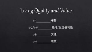 Living Quality and Value
1-1 外觀
1-2/1-5 綠地/生活便利性
1-3 交通
1-4 環境
 