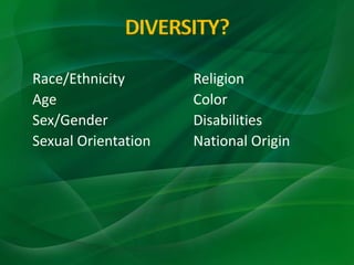 Race/Ethnicity
Age
Sex/Gender
Sexual Orientation
Religion
Color
Disabilities
National Origin
 