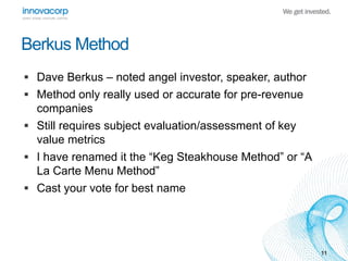 BerkusMethod 
 Dave Berkus – noted angel investor, speaker, author 
 Method only really used or accurate for pre-revenue 
companies 
 Still requires subject evaluation/assessment of key 
value metrics 
 I have renamed it the “Keg Steakhouse Method” or “A 
La Carte Menu Method” 
 Cast your vote for best name 
11 
 