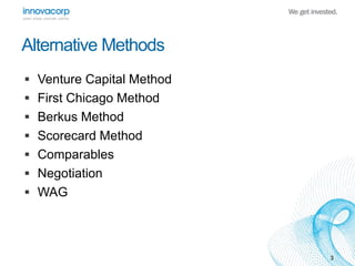3 
Alternative Methods 
 Venture Capital Method 
 First Chicago Method 
 Berkus Method 
 Scorecard Method 
 Comparables 
 Negotiation 
 WAG 
 