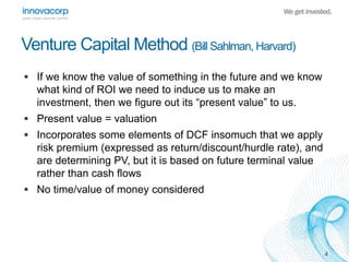 4 
Venture Capital Method (Bill Sahlman, Harvard) 
 If we know the value of something in the future and we know 
what kind of ROI we need to induce us to make an 
investment, then we figure out its “present value” to us. 
 Present value = valuation 
 Incorporates some elements of DCF insomuch that we apply 
risk premium (expressed as return/discount/hurdle rate), and 
are determining PV, but it is based on future terminal value 
rather than cash flows 
 No time/value of money considered 
 