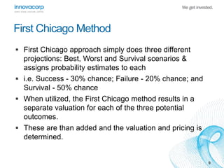 9 
First Chicago Method 
 First Chicago approach simply does three different 
projections: Best, Worst and Survival scenarios & 
assigns probability estimates to each 
 i.e. Success - 30% chance; Failure - 20% chance; and 
Survival - 50% chance 
 When utilized, the First Chicago method results in a 
separate valuation for each of the three potential 
outcomes. 
 These are than added and the valuation and pricing is 
determined. 
 