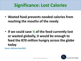 Significance: Lost Calories
• Wasted food prevents needed calories from
reaching the mouths of the needy
• If we could sav...