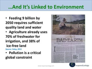 …And It’s Linked to Environment
• Feeding 9 billion by
2050 requires sufficient
quality land and water
• Agriculture alrea...