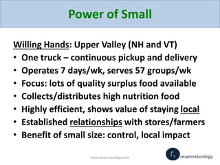 Power of Small
Willing Hands: Upper Valley (NH and VT)
• One truck – continuous pickup and delivery
• Operates 7 days/wk, ...