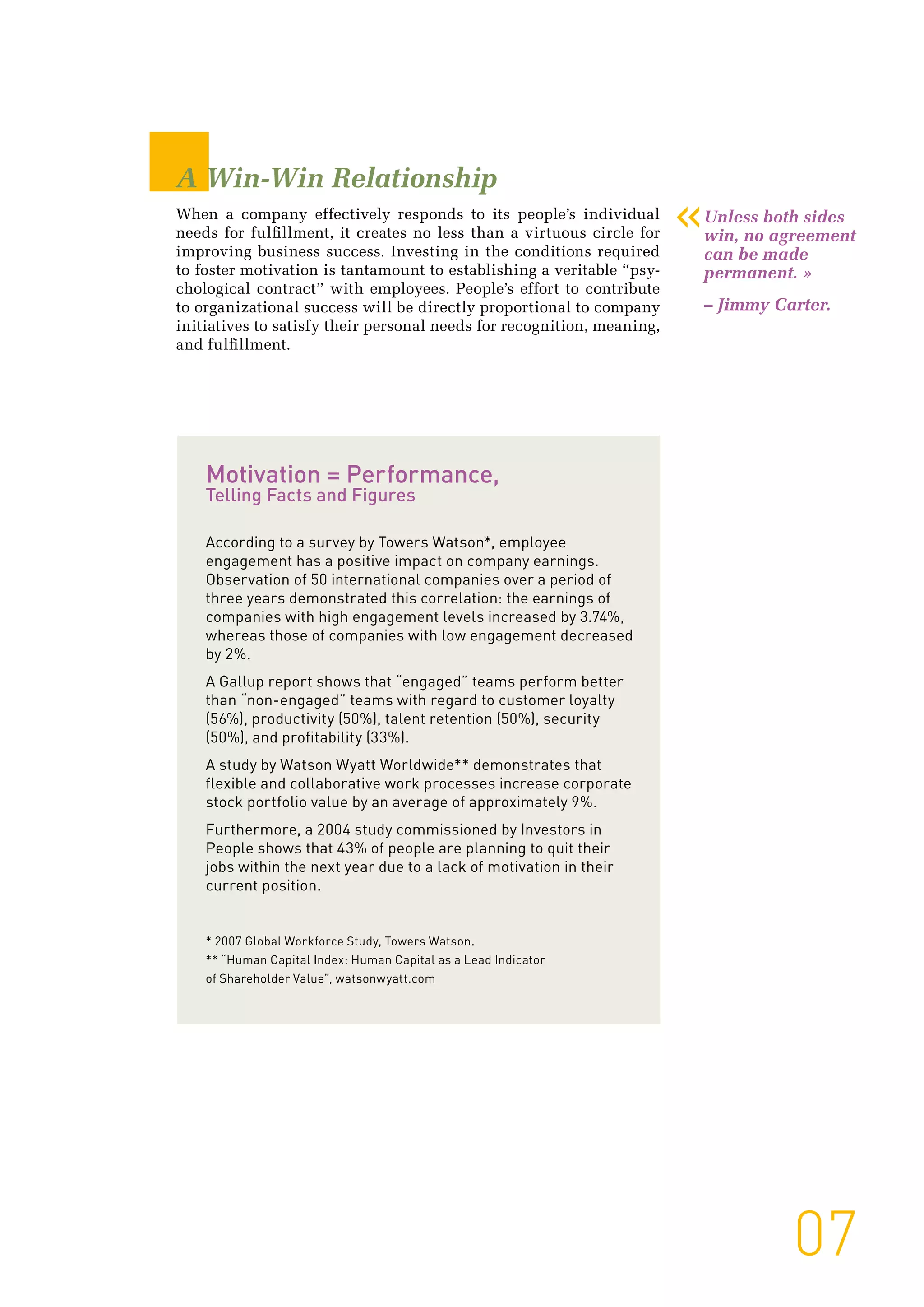 07
Motivation = Performance,
Telling Facts and Figures
According to a survey by Towers Watson*, employee
engagement has a positive impact on company earnings.
Observation of 50 international companies over a period of
three years demonstrated this correlation: the earnings of
companies with high engagement levels increased by 3.74%,
whereas those of companies with low engagement decreased
by 2%.
A Gallup report shows that “engaged” teams perform better
than “non-engaged” teams with regard to customer loyalty
(56%), productivity (50%), talent retention (50%), security
(50%), and profitability (33%).
A study by Watson Wyatt Worldwide** demonstrates that
flexible and collaborative work processes increase corporate
stock portfolio value by an average of approximately 9%.
Furthermore, a 2004 study commissioned by Investors in
People shows that 43% of people are planning to quit their
jobs within the next year due to a lack of motivation in their
current position.
* 2007 Global Workforce Study, Towers Watson.
** “Human Capital Index: Human Capital as a Lead Indicator
of Shareholder Value”, watsonwyatt.com
«Unless both sides
win, no agreement
can be made
permanent. »
– Jimmy Carter.
A Win-Win Relationship
When a company effectively responds to its people’s individual
needs for fulfillment, it creates no less than a virtuous circle for
improving business success. Investing in the conditions required
to foster motivation is tantamount to establishing a veritable “psy-
chological contract” with employees. People’s effort to contribute
to organizational success will be directly proportional to company
initiatives to satisfy their personal needs for recognition, meaning,
and fulfillment.
 