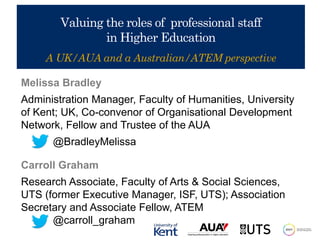Melissa Bradley
Administration Manager, Faculty of Humanities, University
of Kent; UK, Co-convenor of Organisational Development
Network, Fellow and Trustee of the AUA
@BradleyMelissa
Carroll Graham
Research Associate, Faculty of Arts & Social Sciences,
UTS (former Executive Manager, ISF, UTS); Association
Secretary and Associate Fellow, ATEM
@carroll_graham
Valuing the roles of professional staff
in Higher Education
A UK/AUA and a Australian/ATEM perspective
 