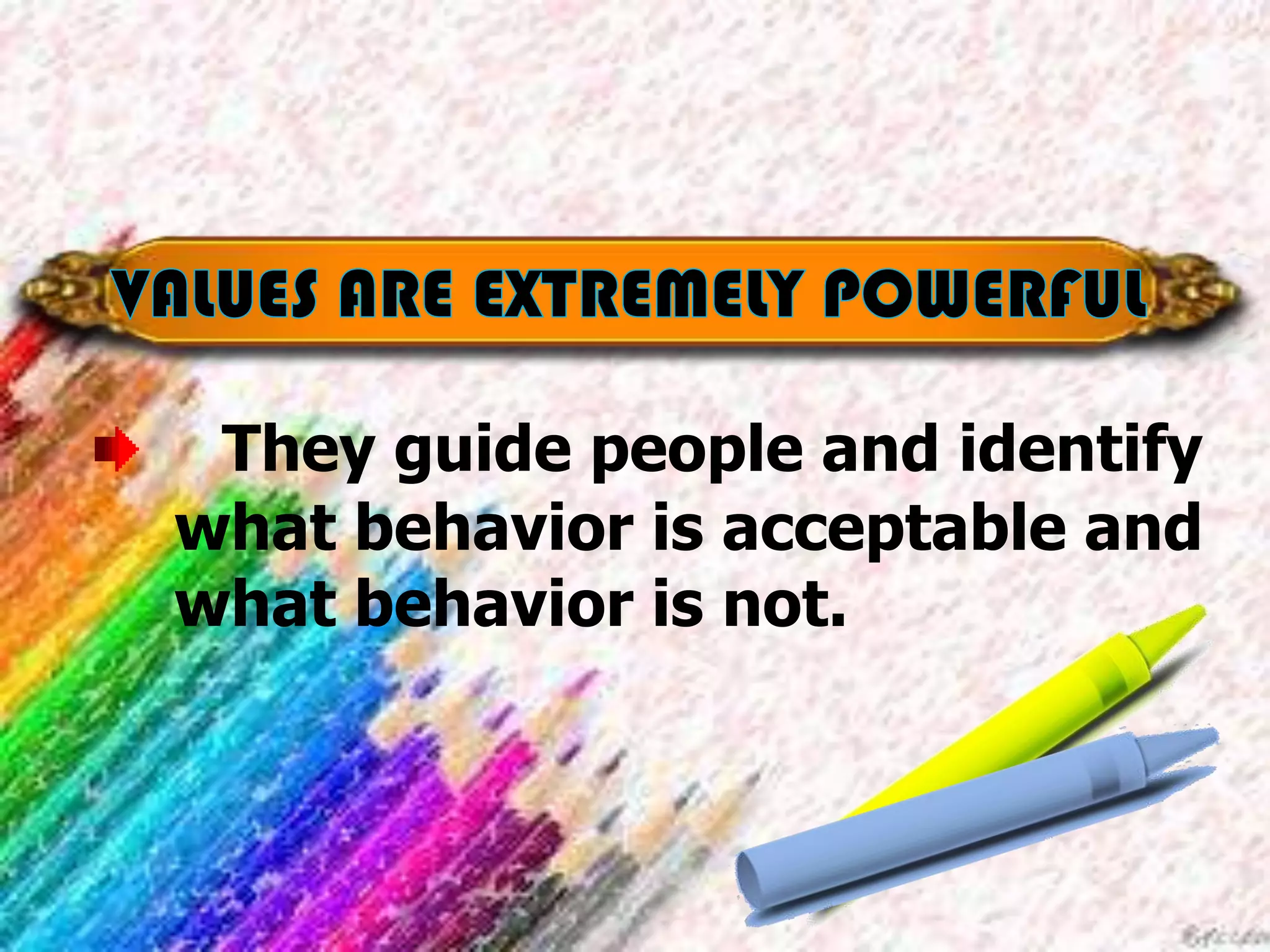 They guide people and identify
what behavior is acceptable and
what behavior is not.
 
