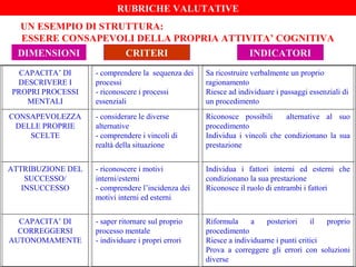 CAPACITA’ DI
DESCRIVERE I
PROPRI PROCESSI
MENTALI
- comprendere la sequenza dei
processi
- riconoscere i processi
essenziali
Sa ricostruire verbalmente un proprio
ragionamento
Riesce ad individuare i passaggi essenziali di
un procedimento
CONSAPEVOLEZZA
DELLE PROPRIE
SCELTE
- considerare le diverse
alternative
- comprendere i vincoli di
realtà della situazione
Riconosce possibili alternative al suo
procedimento
Individua i vincoli che condizionano la sua
prestazione
ATTRIBUZIONE DEL
SUCCESSO/
INSUCCESSO
- riconoscere i motivi
interni/esterni
- comprendere l’incidenza dei
motivi interni ed esterni
Individua i fattori interni ed esterni che
condizionano la sua prestazione
Riconosce il ruolo di entrambi i fattori
CAPACITA’ DI
CORREGGERSI
AUTONOMAMENTE
- saper ritornare sul proprio
processo mentale
- individuare i propri errori
Riformula a posteriori il proprio
procedimento
Riesce a individuarne i punti critici
Prova a correggere gli errori con soluzioni
diverse
DIMENSIONI CRITERI INDICATORI
UN ESEMPIO DI STRUTTURA:
ESSERE CONSAPEVOLI DELLA PROPRIA ATTIVITA’ COGNITIVA
RUBRICHE VALUTATIVE
 