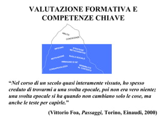 VALUTAZIONE FORMATIVA E
COMPETENZE CHIAVE
“Nel corso di un secolo quasi interamente vissuto, ho spesso
creduto di trovarmi a una svolta epocale, poi non era vero niente;
una svolta epocale si ha quando non cambiano solo le cose, ma
anche le teste per capirle.”
(Vittorio Foa, Passaggi, Torino, Einaudi, 2000)
ABILITA’
CONOSCENZE
IIMMAGINE DI SE’
SENSIBILITA’
AL CONTESTOCONSAPEVOLEZZA
MOTIVAZIONE
STRATEGIEMETACOGNITIVE
RUOLO SOCIALE
IMPEGNO
 