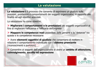 La valutazione

 La valutazione è il processo che consente di esprimere un giudizio sulle
 posizioni, prestazioni e comportamenti dei soggetti organizzativi, in rapporto alle
 finalità ed agli obiettivi aziendali.
 La valutazione ha come obiettivi:
    Migliorare i comportamenti e le prestazioni dei soggetti organizzativi al
 fine di migliorare l’efficienza e l’efficacia dell’impresa
   Mappare le competenze reali possedute dalle persone e le “distanze” tra
 queste e le competenze necessarie
     Avere elementi oggettivi di giudizio che consentano di mettere in
 relazione il comportamento individuale con il sistema premiante
 (riconoscimenti e punizioni)
    Consentire ai soggetti dell’organizzazione di avere un ambito di attenzione,
 coinvolgimento, ascolto ed espressione

Dott. Giovanni VOLPE
volpe@comites.mi.it
COMITES srl - T. 02.60.83.02.10 F. 02.69.01.46.09 - Web: www.comites.mi.it
 