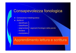 Consapevolezza fonologica Consapevolezza fonologica 
l  Conoscenza metalinguistica 
l  Abilità di 
­ identificare 
­ classificare 
­ segmentare    segmenti fonologici della parola 
­ fondere 
­ manipolare 
Apprendimento lettura e scrittura
 