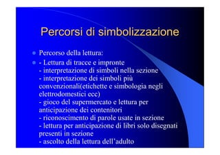 Percorsi di Percorsi di simbolizzazione simbolizzazione 
l  Percorso della lettura: 
l  ­ Lettura di tracce e impronte 
­ interpretazione di simboli nella sezione 
­ interpretazione dei simboli più 
convenzionali(etichette e simbologia negli 
elettrodomestici ecc) 
­ gioco del supermercato e lettura per 
anticipazione dei contenitori 
­ riconoscimento di parole usate in sezione 
­ lettura per anticipazione di libri solo disegnati 
presenti in sezione 
­ ascolto della lettura dell’adulto
 